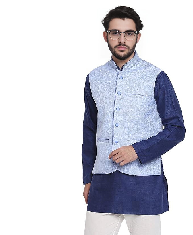 Men's Nehru Modi Jacket, Light Blue Sleeveless Waistcoat, Traditional Indian Ethnic Wear