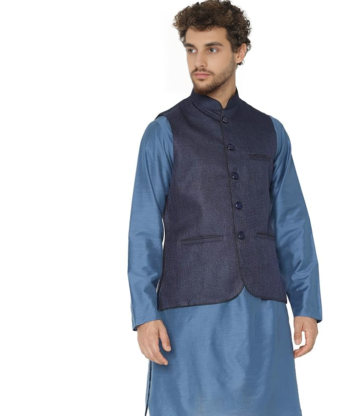 Men's Nehru Modi Jacket, Light Blue Sleeveless Waistcoat, Traditional Indian Ethnic Wear