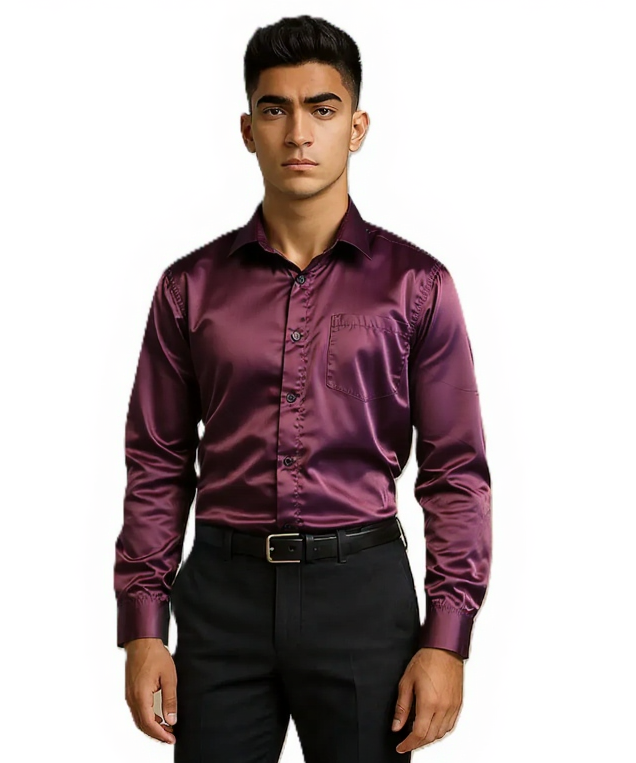 Men's Stylish Solid Slim Fit Satin Casual Shirt, Purple, Full Sleeves